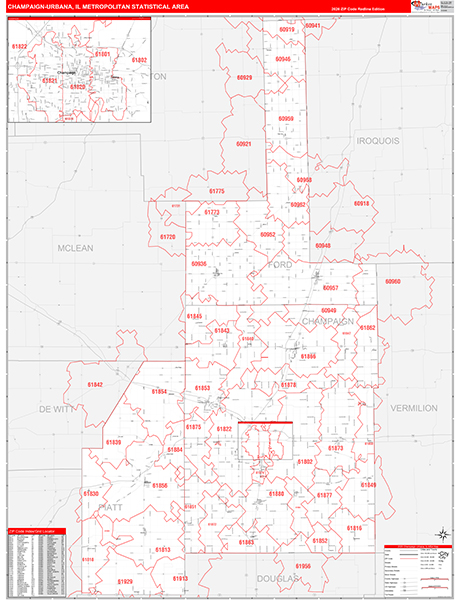 Champaign-Urbana Metro Area Wall Map Red Line Style